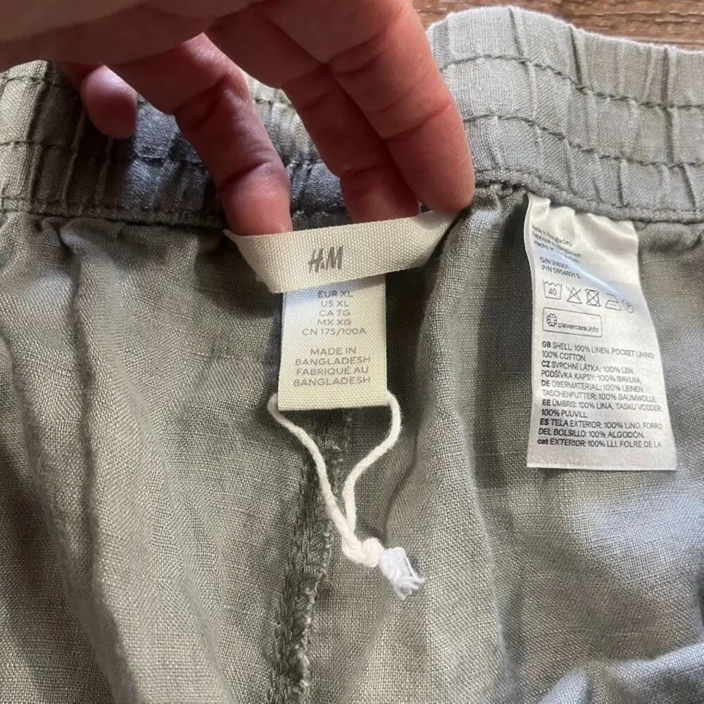 H&M 100% Linen Pants Womens XL Sage Green Elastic Waist Pull On Lagenlook